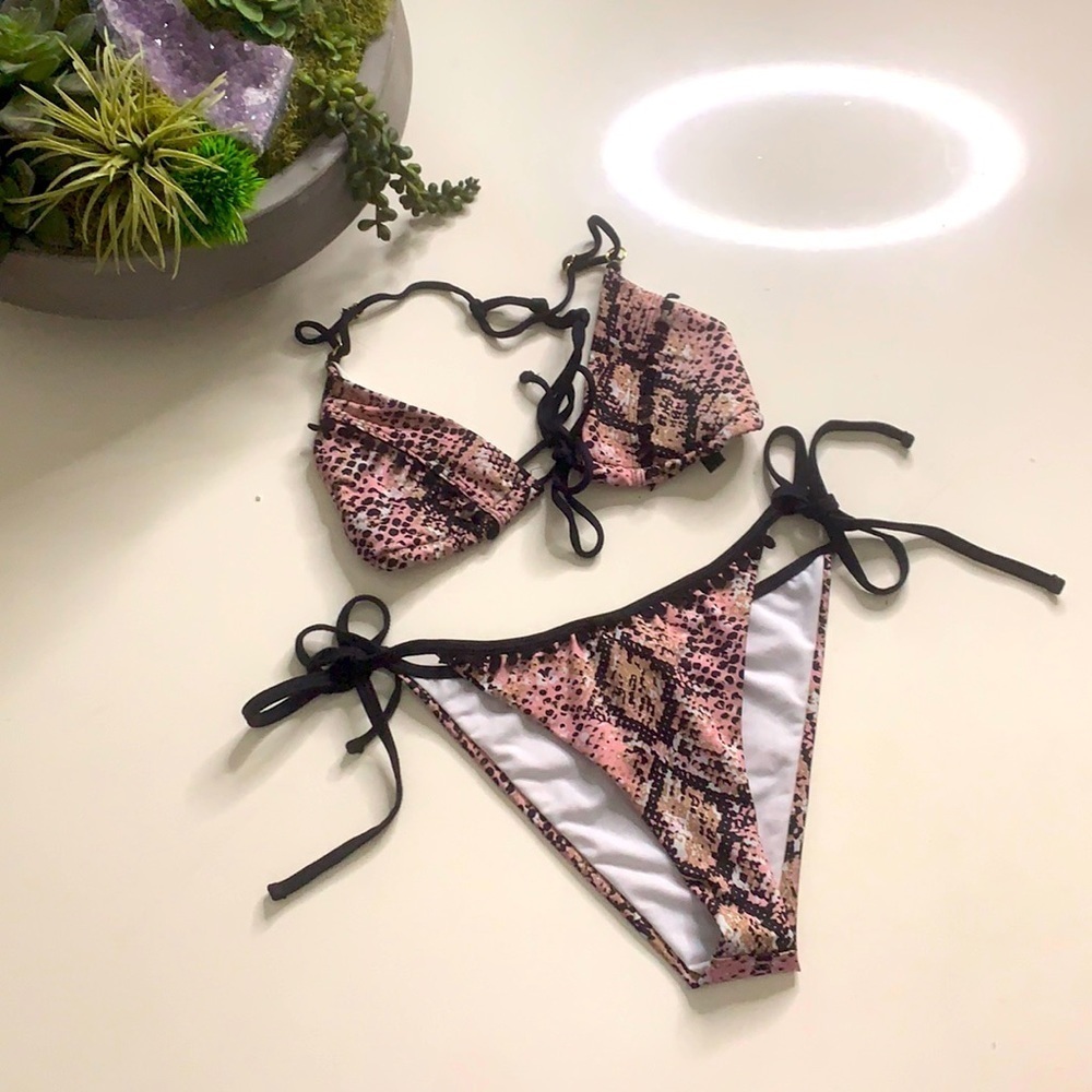 Yandy Pink and Black Snakeprint Tie-Side Bikini